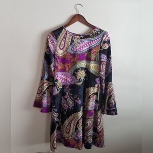Beige By ECI Boho Paisley A-Line Dress With Bell Sleeves Bright Colorful Pattern